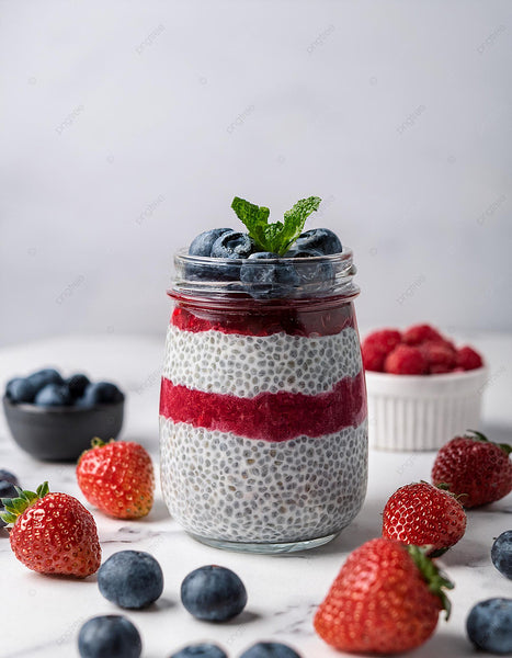 Chia, berries and granola yogurt parfait / Parfait de yogourt avec chia, granola et petits fruits